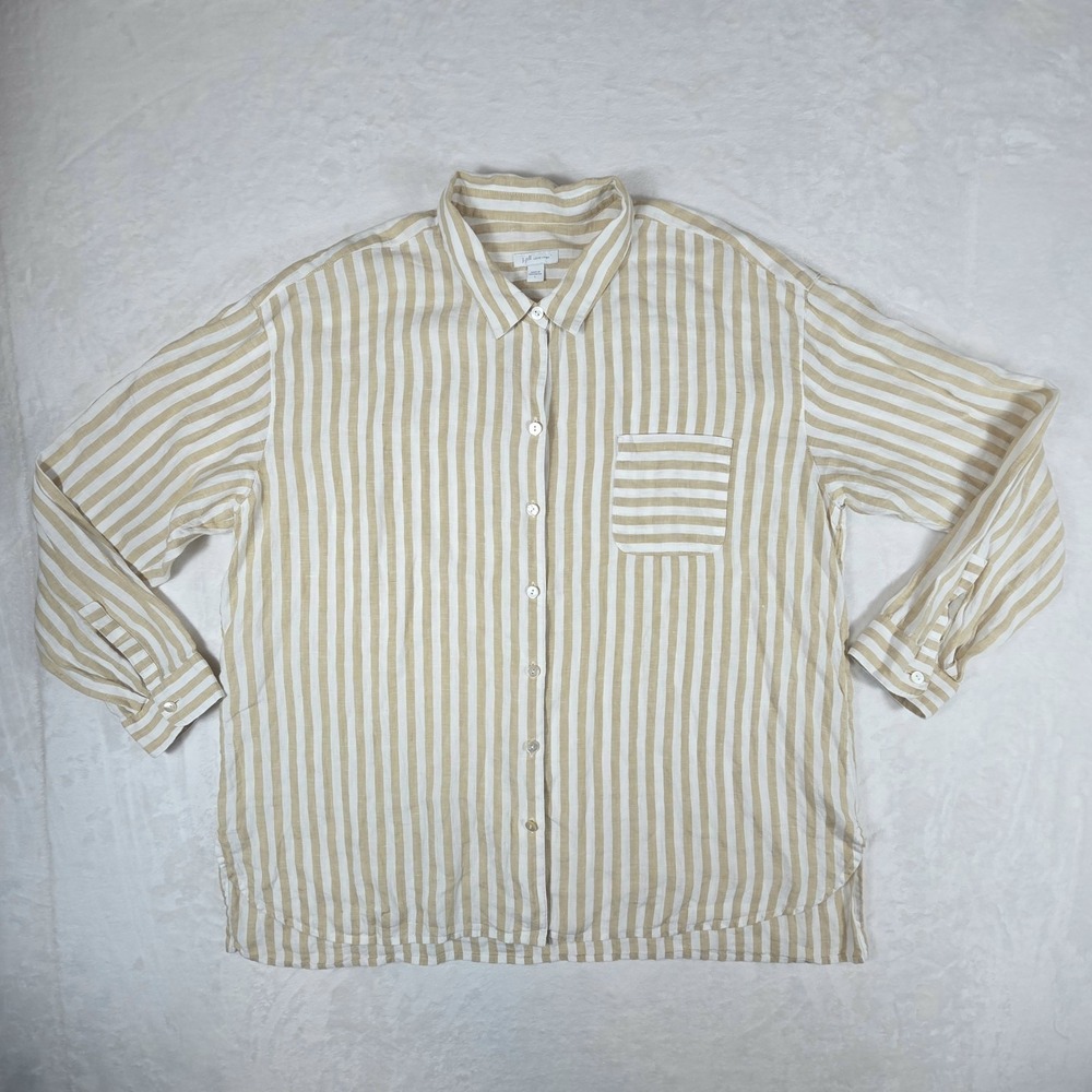J Jill Love Linen Button Down Shirt Womens Large Tan Striped Long Sleeve Coastal